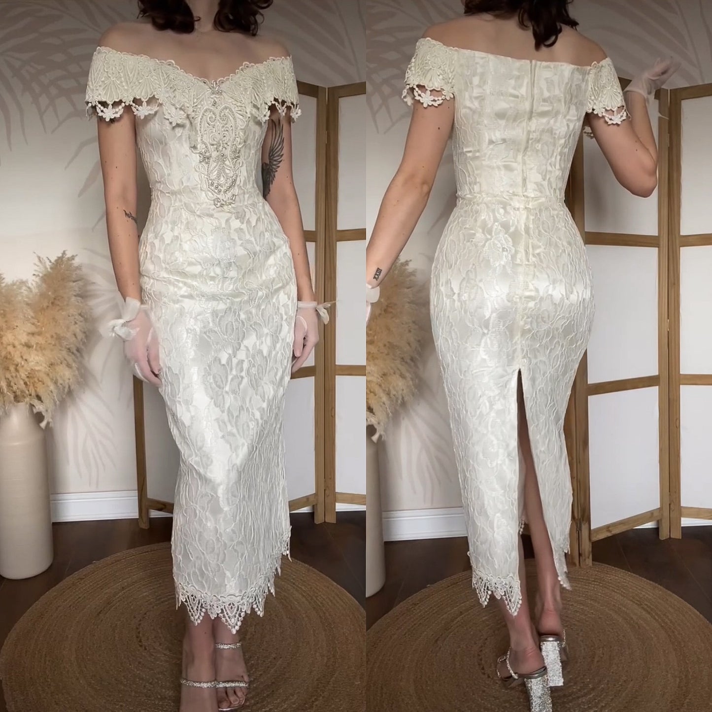 Scott McClintock petite ivory lace cold shoulder wedding dress uk 10-12