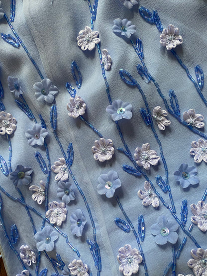 100% silk blue floral beaded evening gown & shawl UK 10