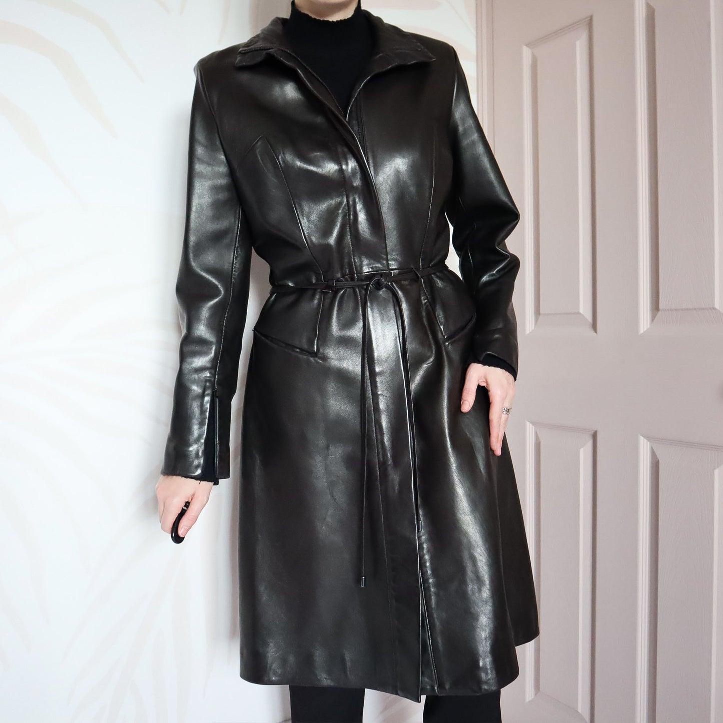 Black real leather long coat with belt UK 12