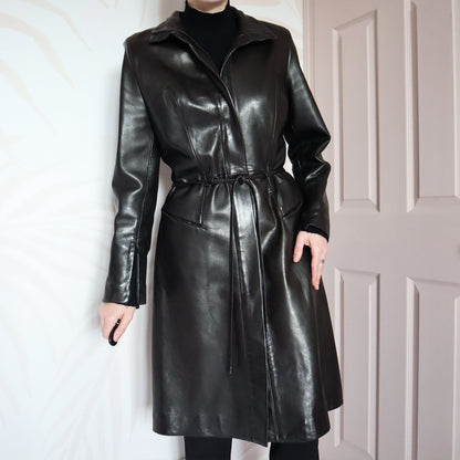 Black real leather long coat with belt UK 12