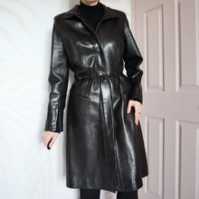 Load image into Gallery viewer, Black real leather long coat with belt UK 12
