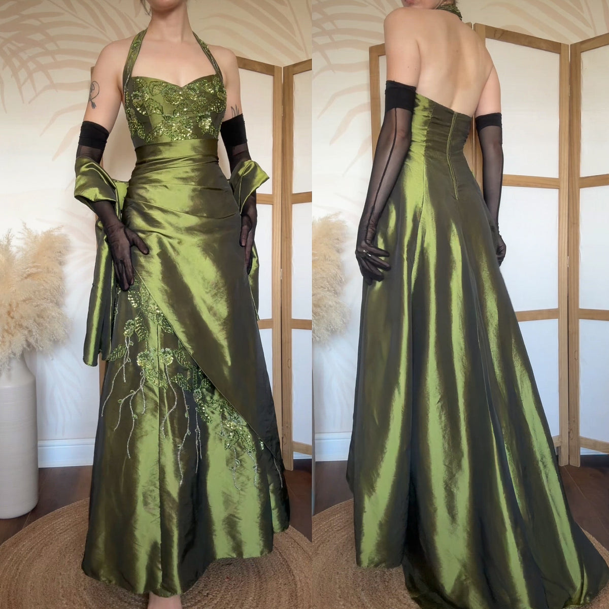 Green taffeta halter-neck a line beaded prom dress uk 12