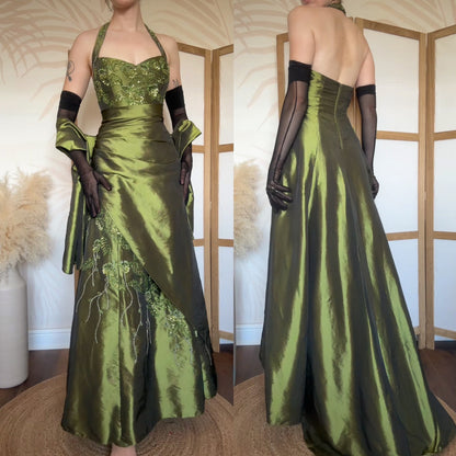 Green taffeta halter-neck a line beaded prom dress uk 12