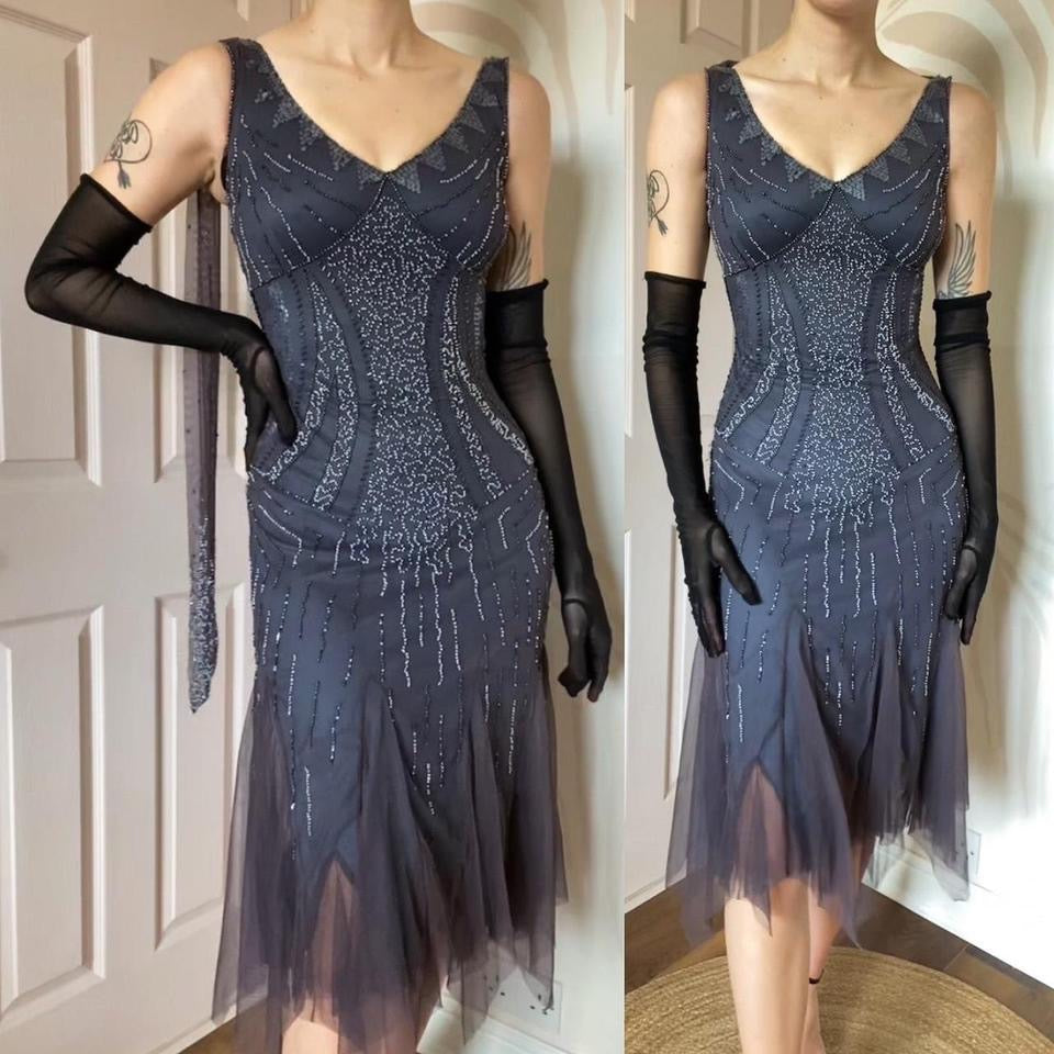 Petite beaded blue/purple midi dress UK 8