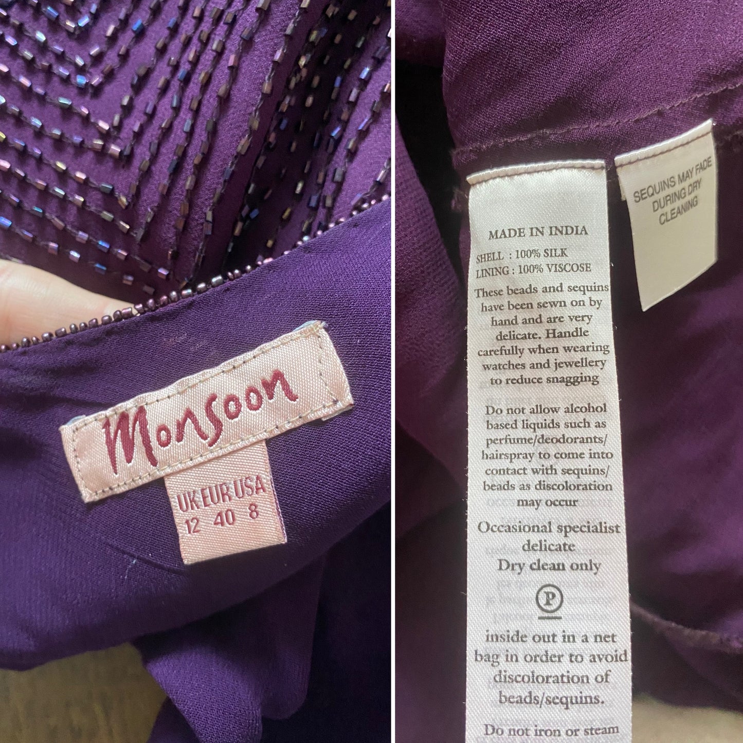 Purple 100% silk beaded evening gown uk 10-12