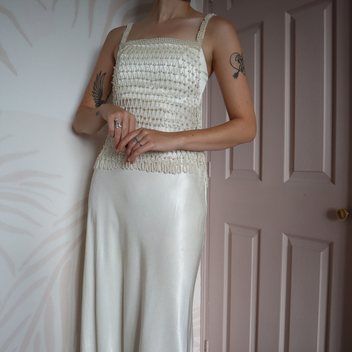 White silky wedding dress with pearl mesh overlay UK 8