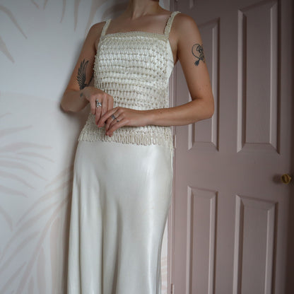 White silky wedding dress with pearl mesh overlay UK 8