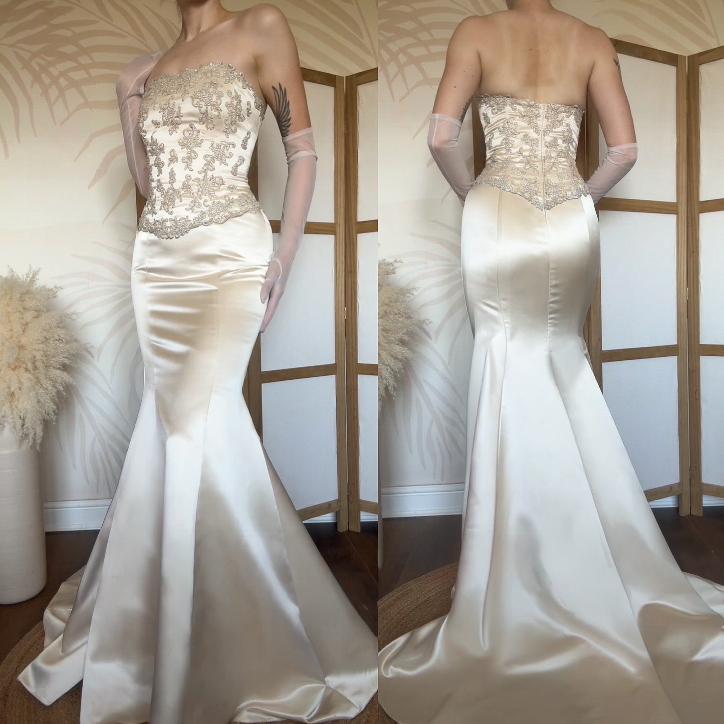 Champagne strapless lace wedding dress uk 12