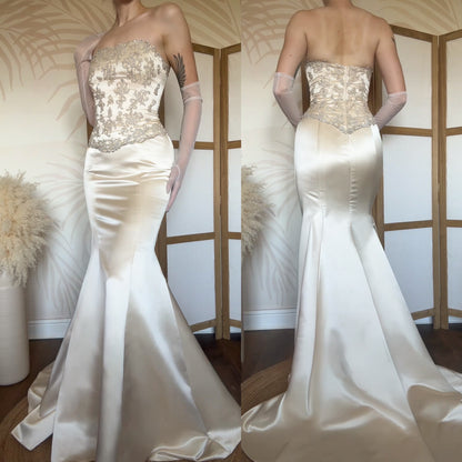 Champagne strapless lace wedding dress uk 12