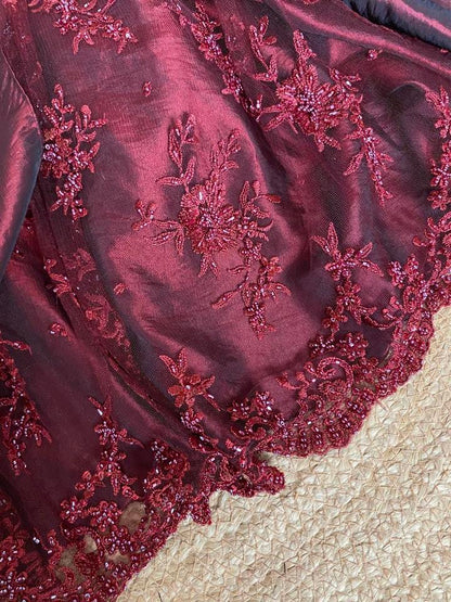 Jora Dark red lace a-line prom dress & shawl uk 12