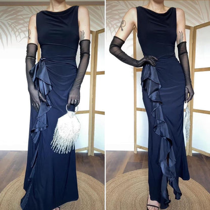 Betsy & Adam navy stretch satin frill dress uk 10-12