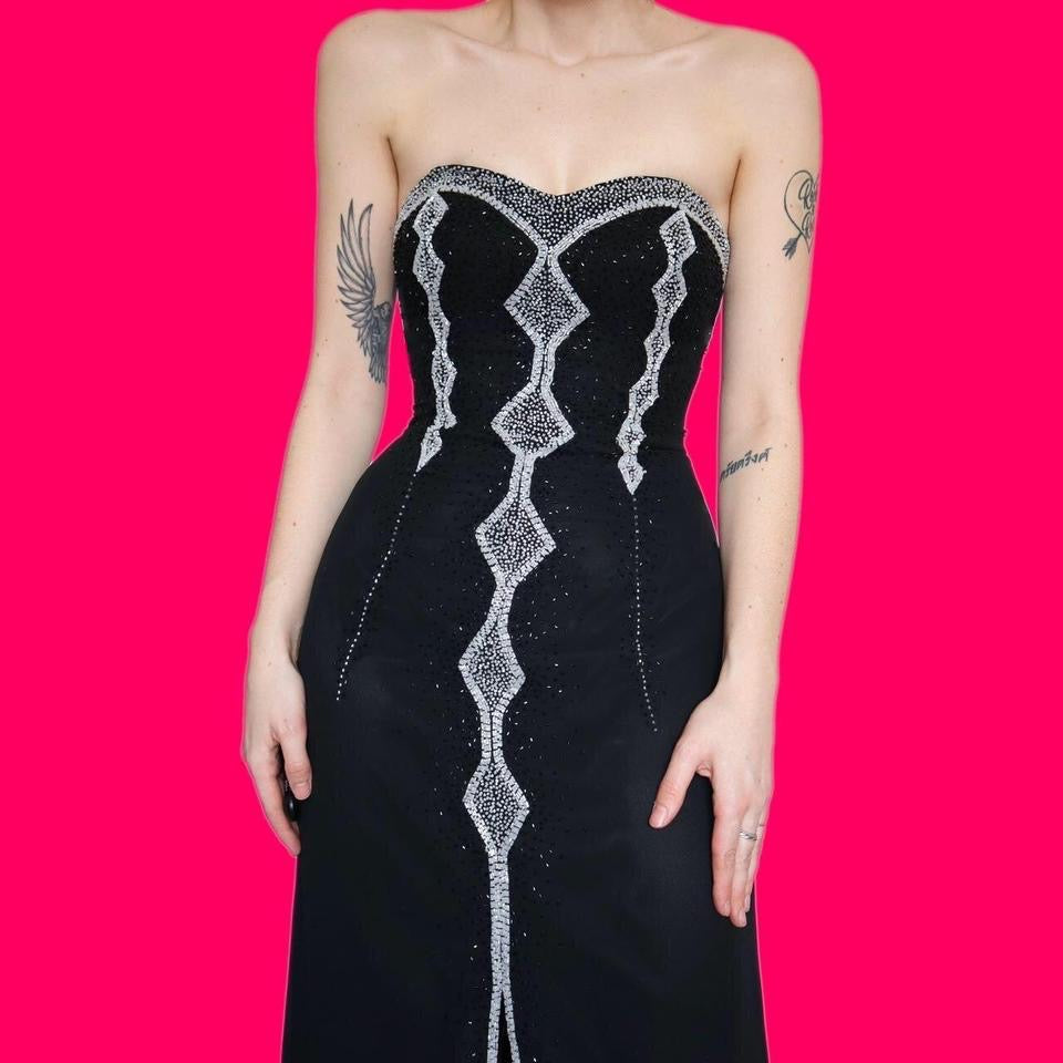 YVE London black beaded strapless gown UK 10-12