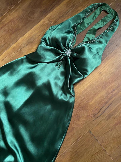 Niki Livas green satin prom dress uk 10