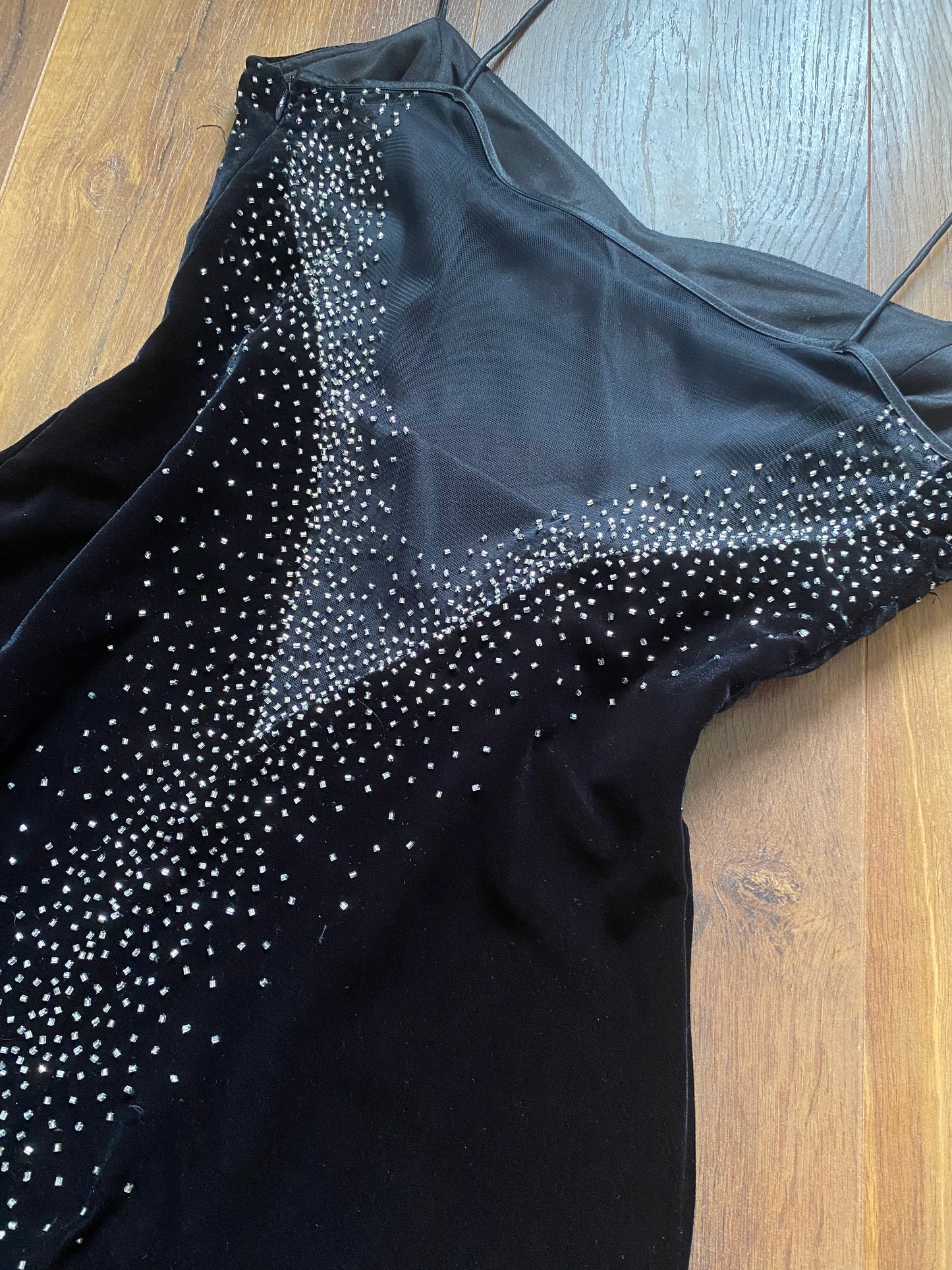 Dave & Johnny black velvet stretch beaded evening dress uk 10