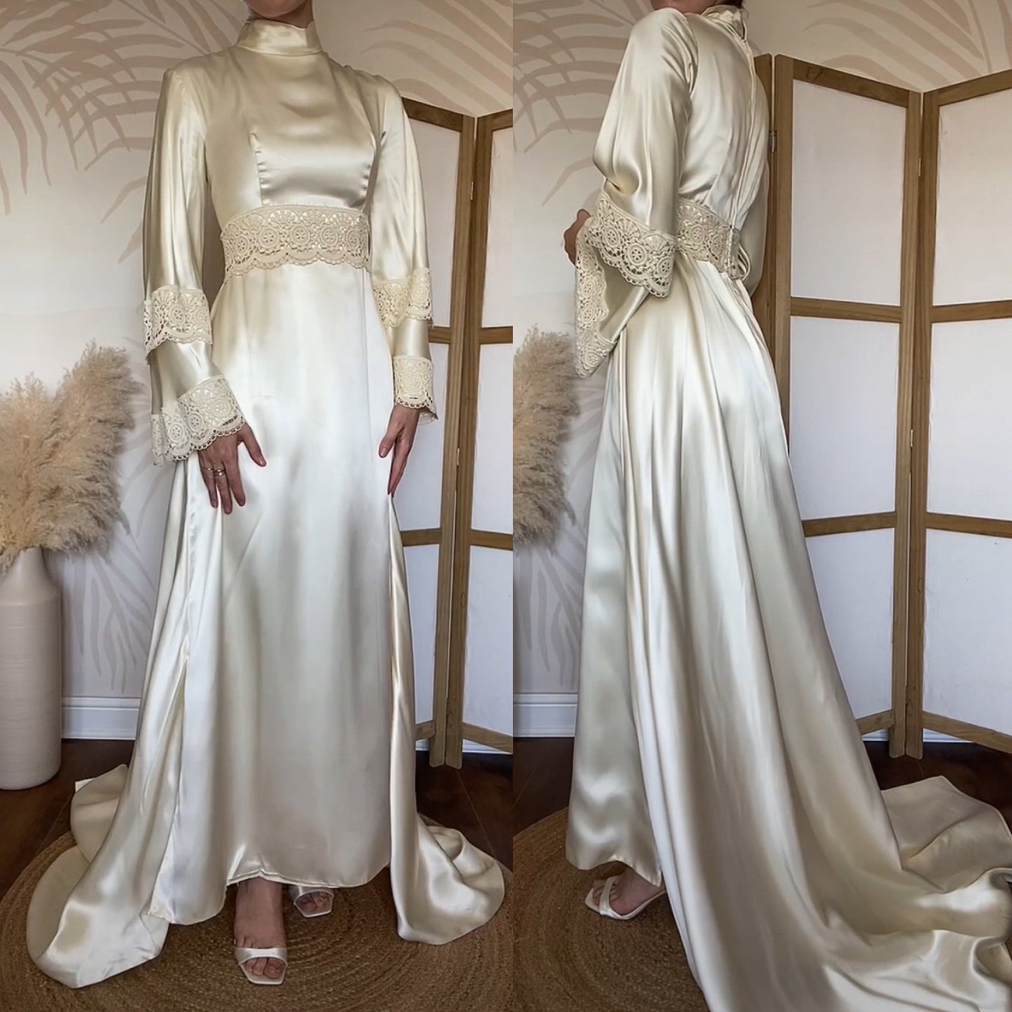 Ivory luxury satin long sleeve 70s wedding dress uk 12