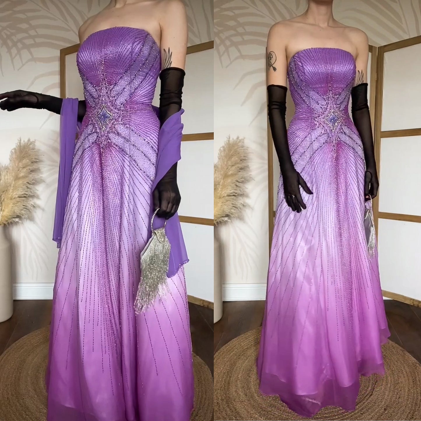 Purple silk beaded prom dress & shawl uk 12