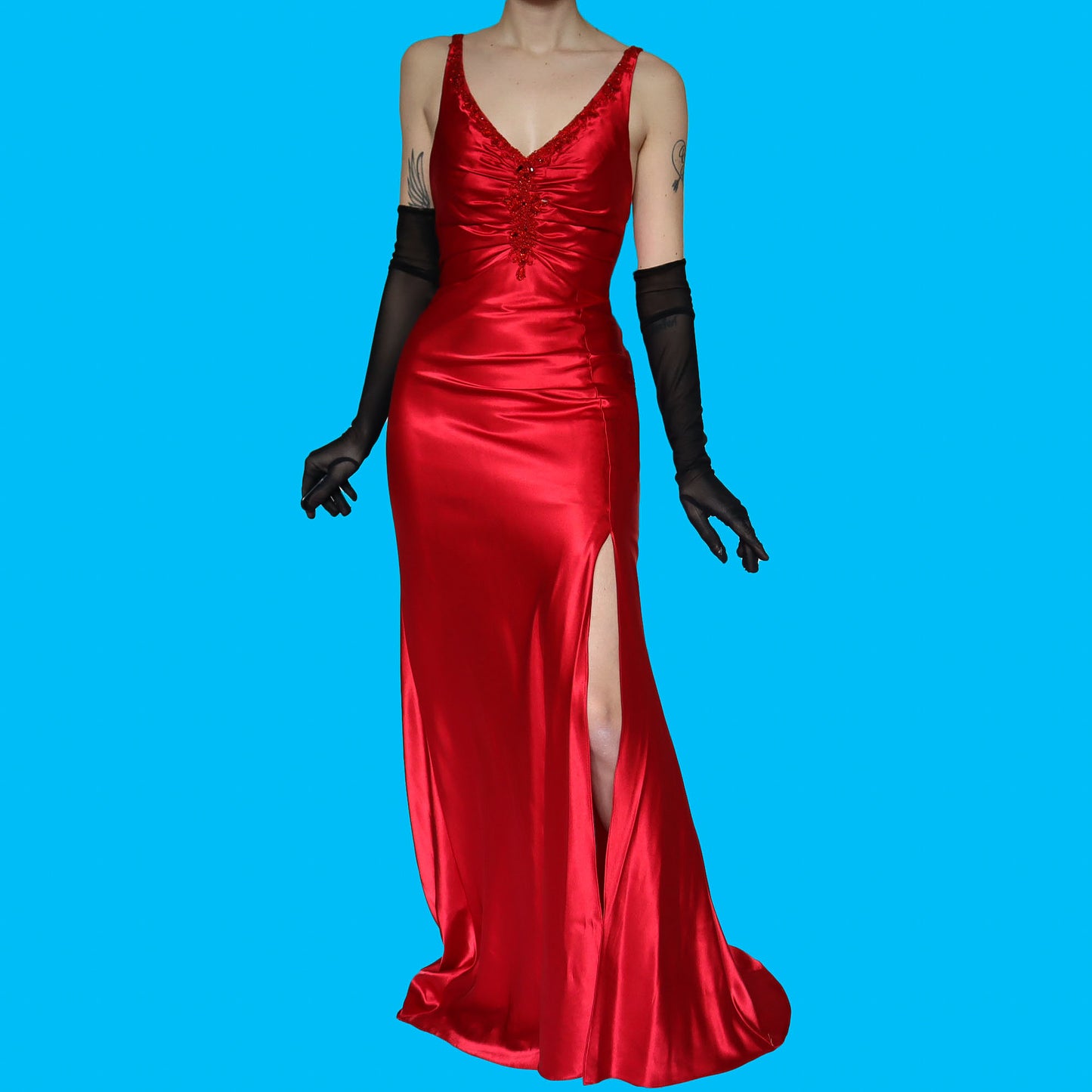 Dave & Johnny red satin open back evening gown UK 10