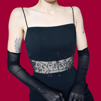 Black beaded sheer cut out evening dress UK 8-10