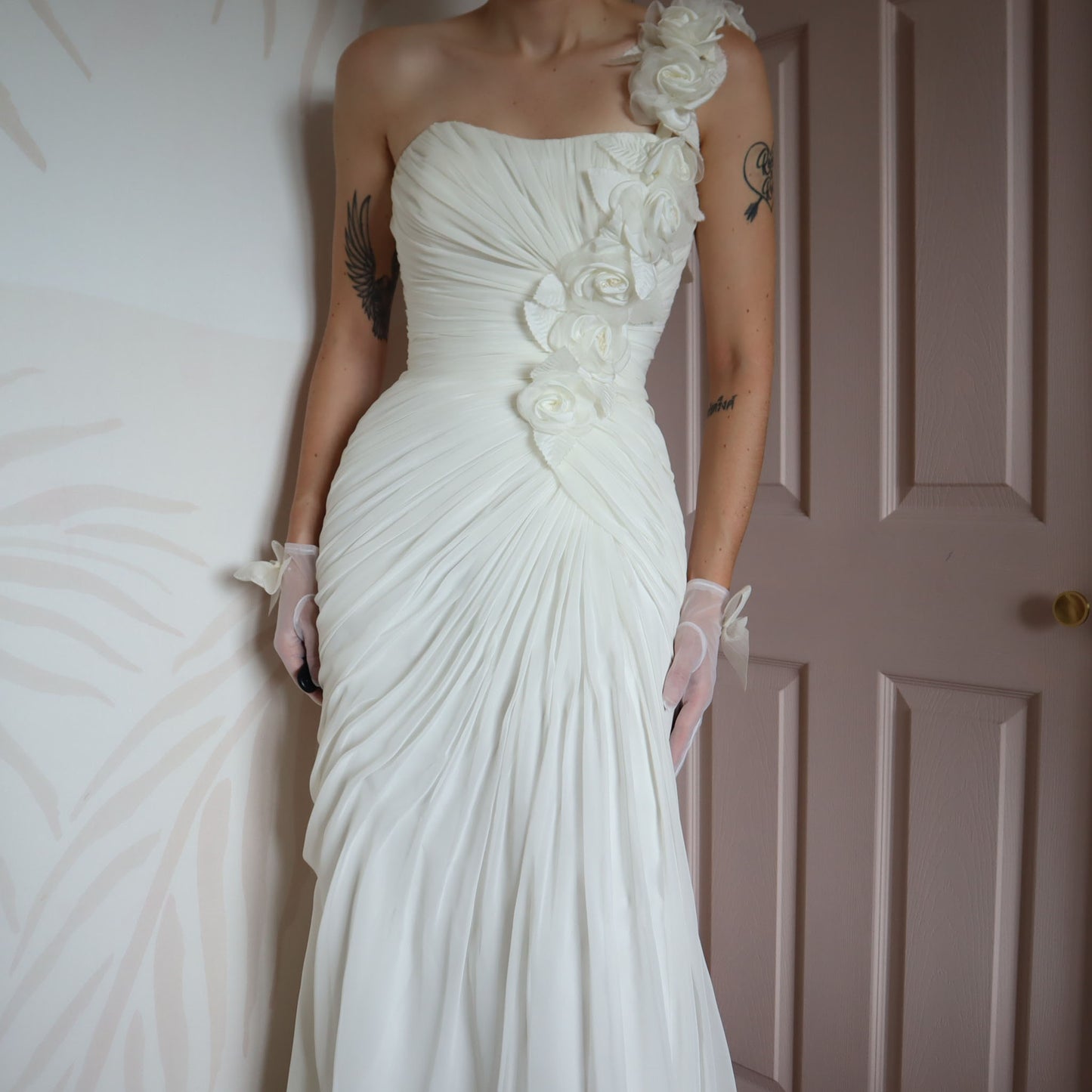 White gathered one shoulder wedding gown UK 10
