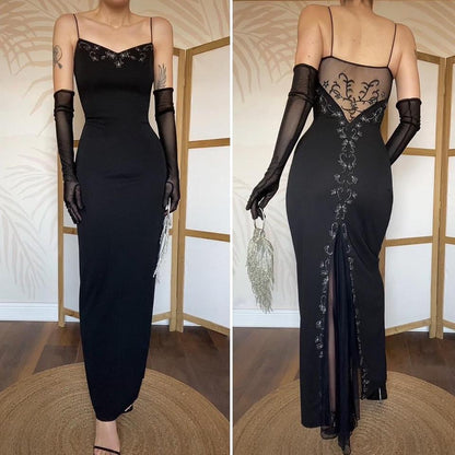 Black Vintage Dave & Johnny Floral embroidered Gown UK 12