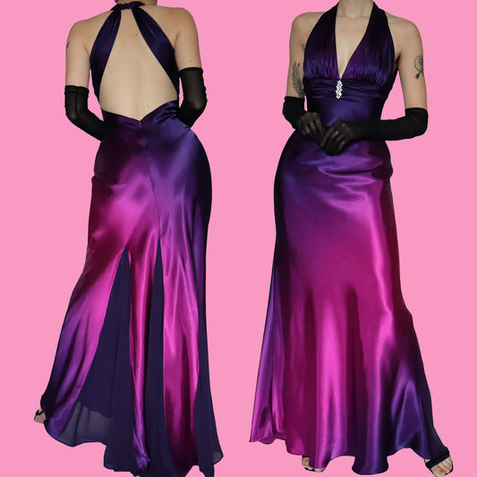 Purple & pink satin evening gown UK 8