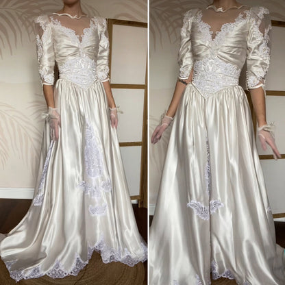 Ivory satin 80s lace & pearl wedding dress UK 12