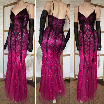 Pink 100% silk bead & sequin mermaid evening dress uk 10