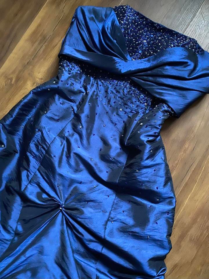 Navy shimmery taffeta beaded prom dress uk 12-14