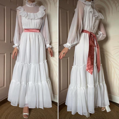 White 70s long sleeve wedding dress UK 6-10