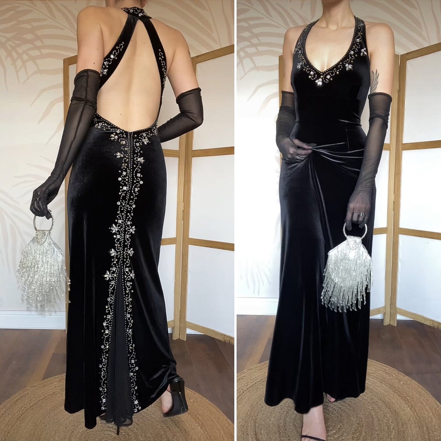 Flori Design black velvet beaded evening dress UK 14