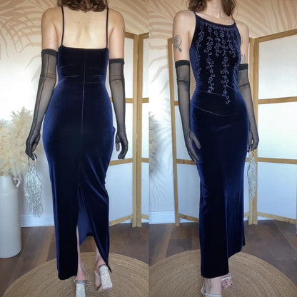 Navy velvet stretch bodycon 90s dress uk 10-12