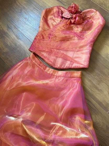 Iridescent orange/red 2 piece prom set uk 8
