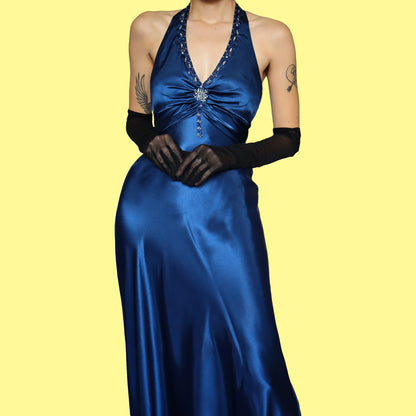 Blue satin evening dress UK 8-10