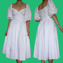 Load image into Gallery viewer, White puff sleeve wrap midi wedding dress UK 8-10
