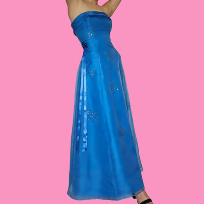 Blue strapless a-like organza evening dress UK 10