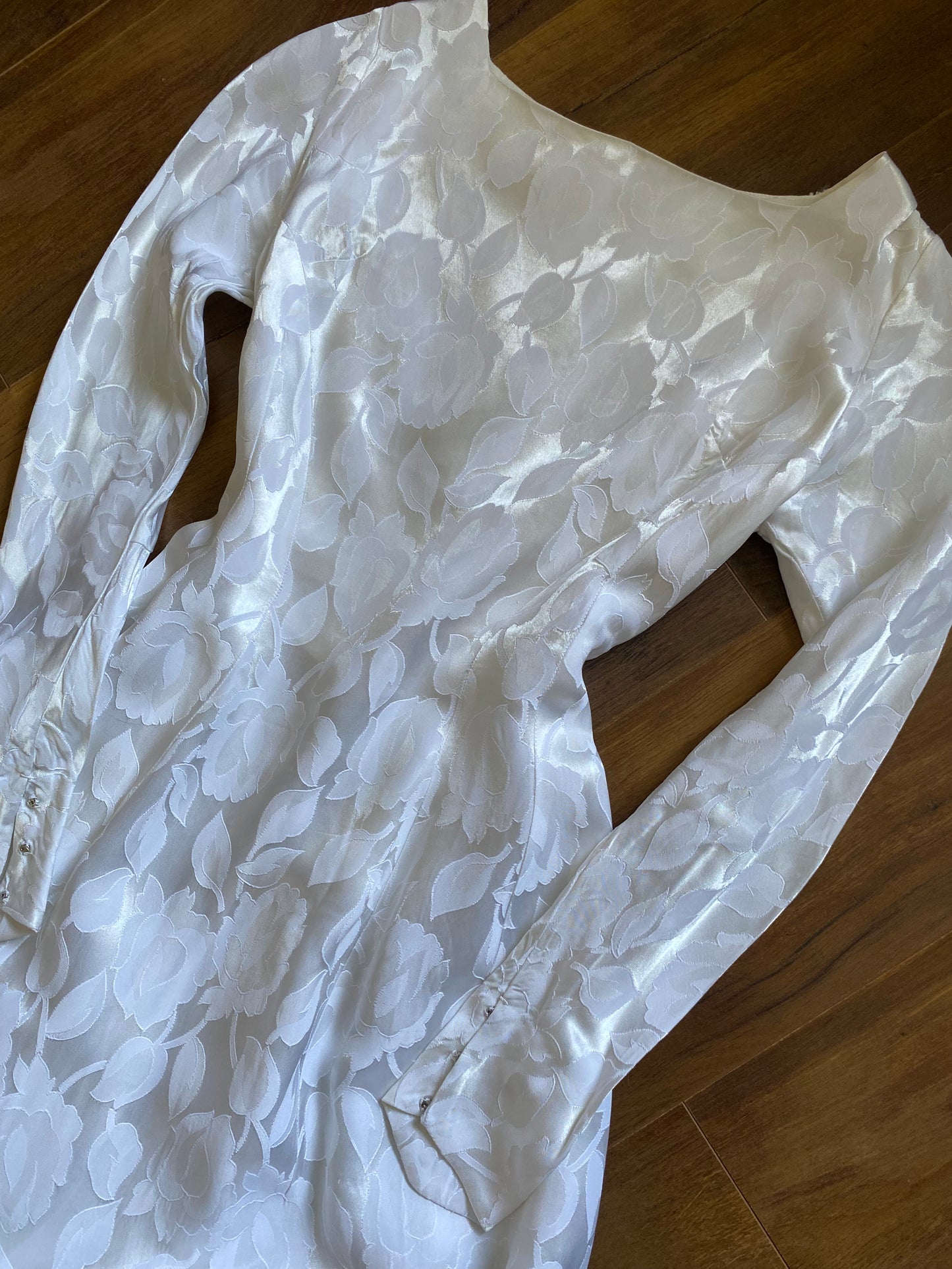 70s white damask floral long sleeve wedding dress uk 8-10