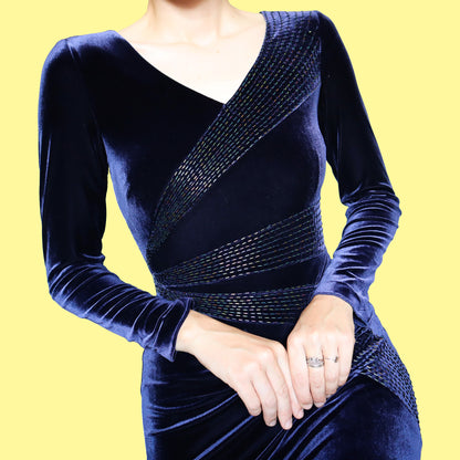Navy velvet stretch long sleeve beaded evening dress UK 10-12