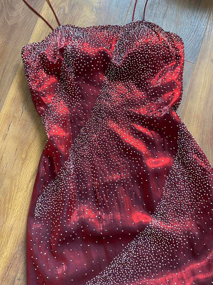 Yve London red shimmery beaded evening dress uk 8-10