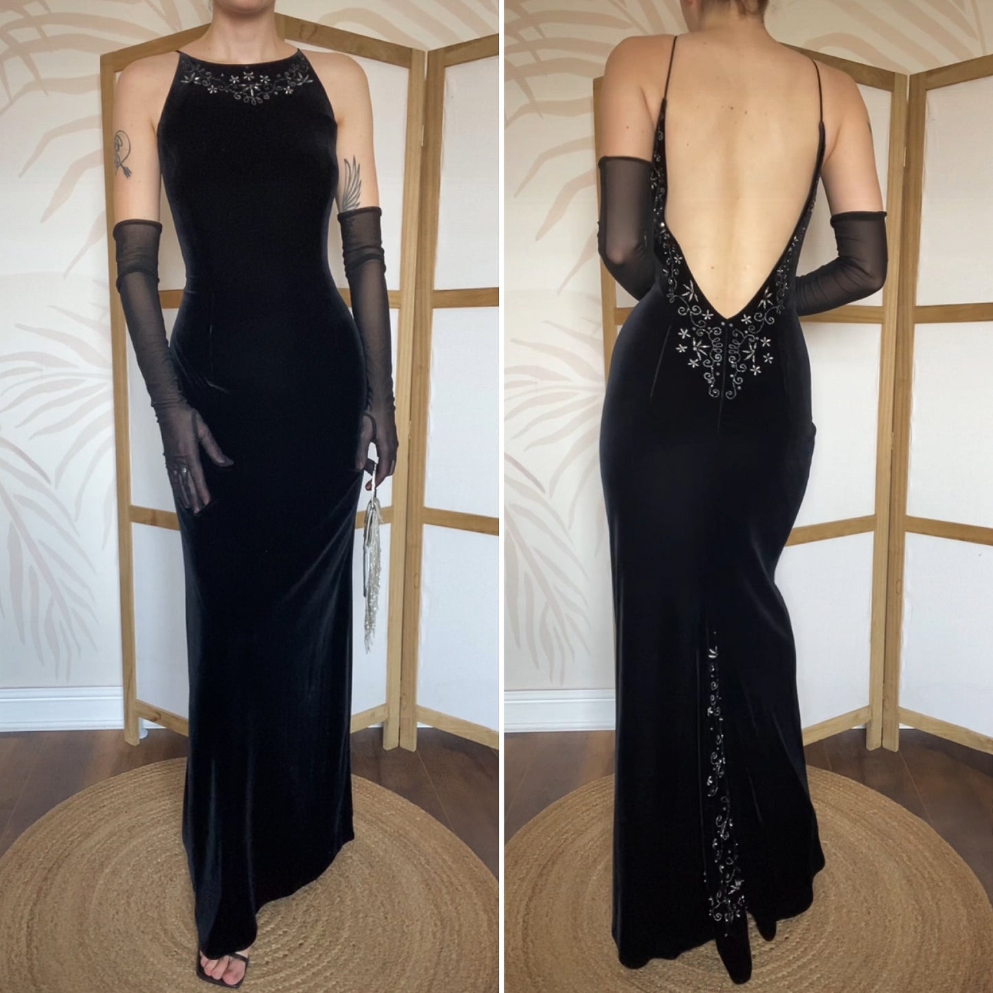 Dave & Johnny black low back velvet evening dress UK 14