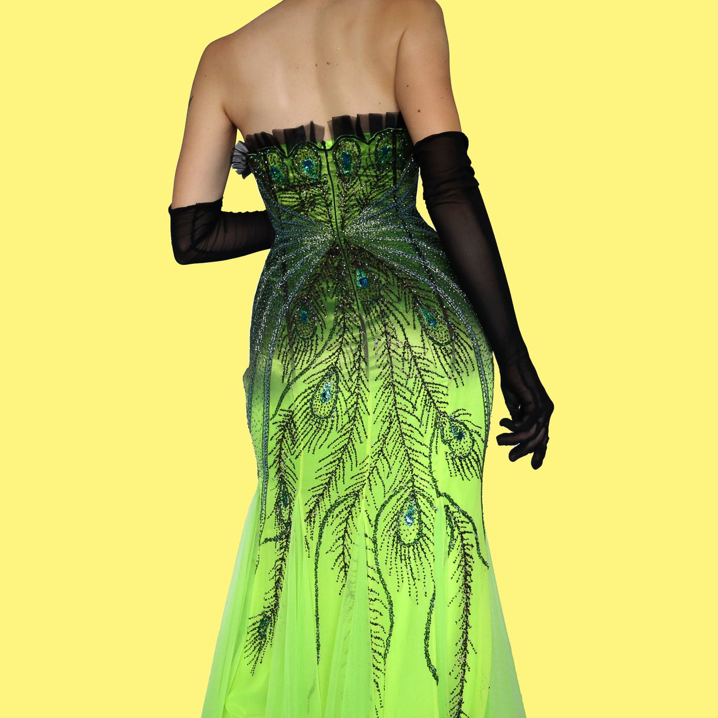 Electric green strapless heavily beaded evening dress UK 14-16