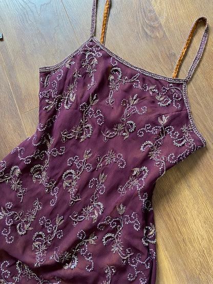 Purple Aftershock silk & bead evening dress uk 14