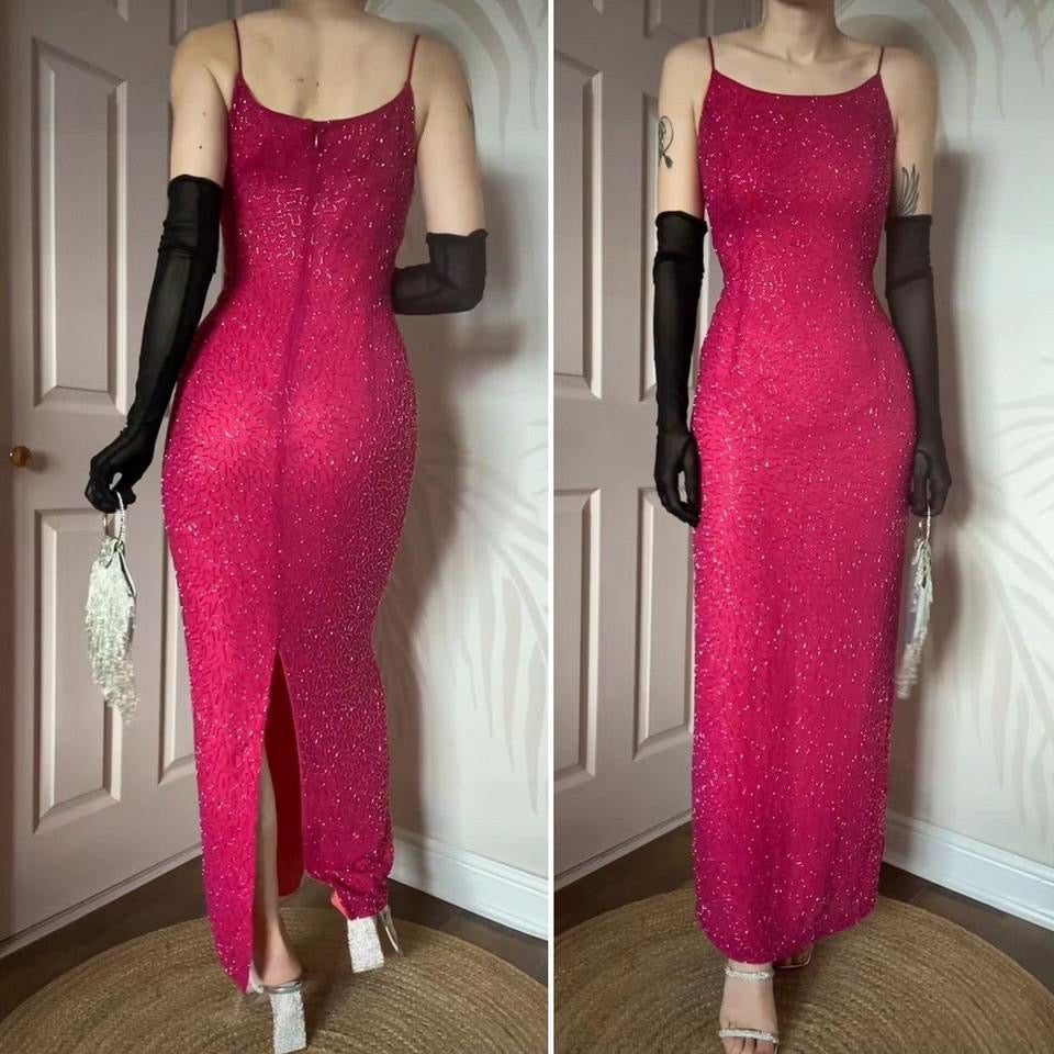 Fuchsia pink Marina beaded evening dress UK 12-14