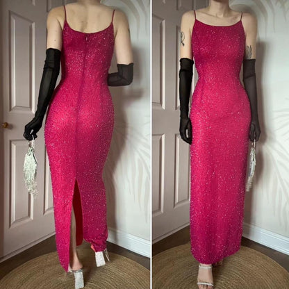 Fuchsia pink Marina beaded evening dress UK 12-14