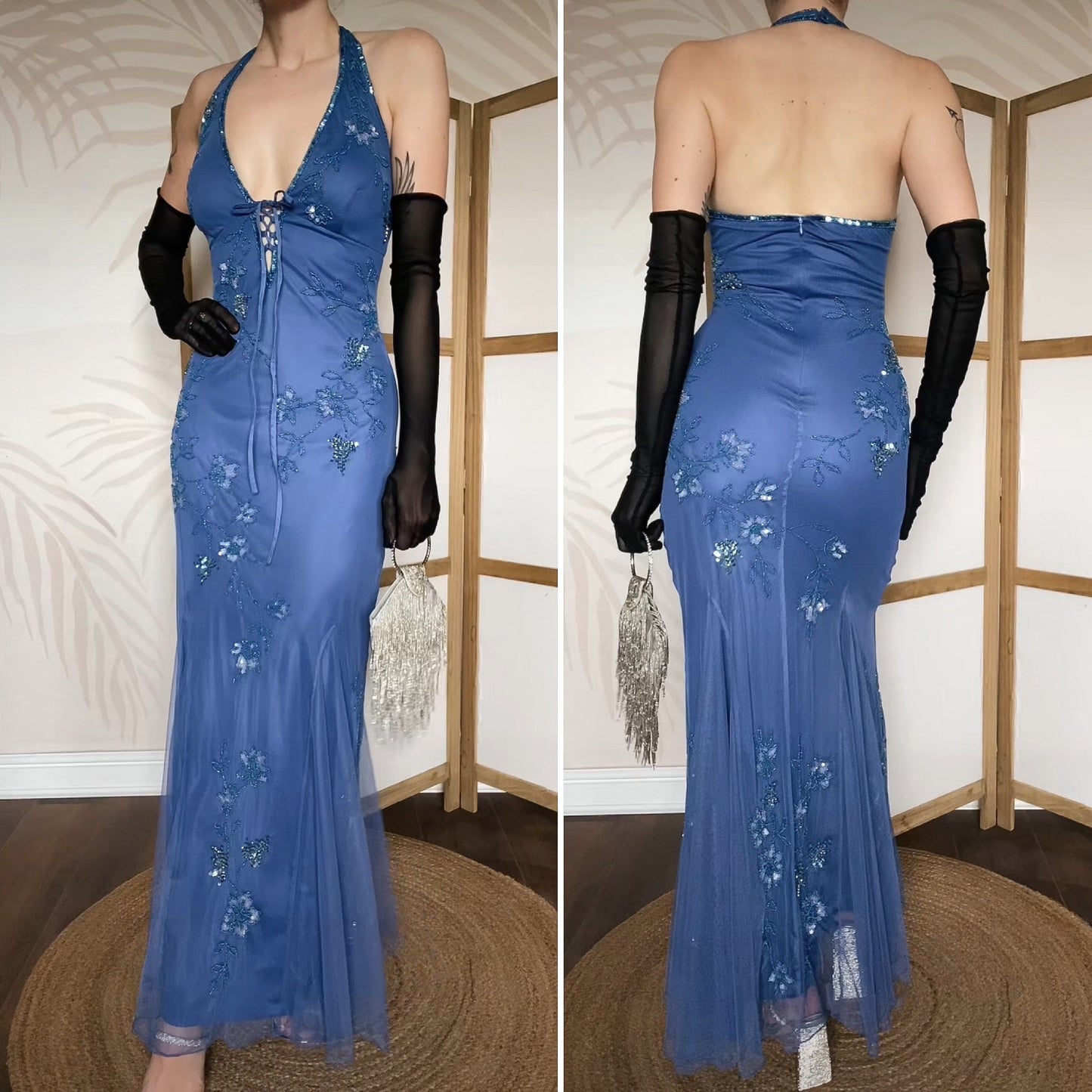Blue beaded halter neck evening dress uk 12