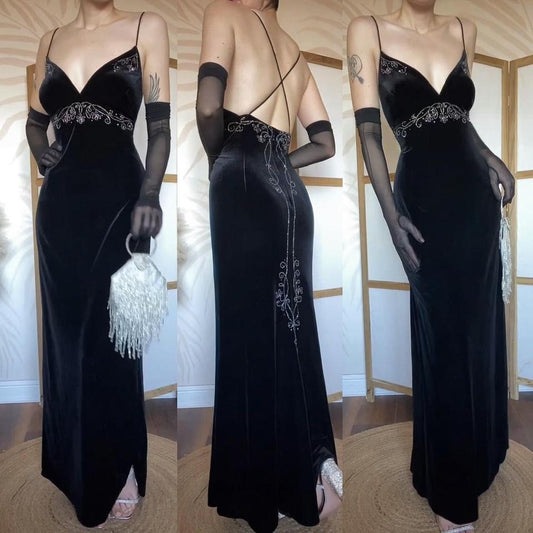 Black 90s velvet beaded evening dress uk 16