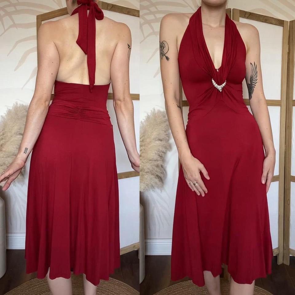 Red stretch halter neck midi dress uk 12