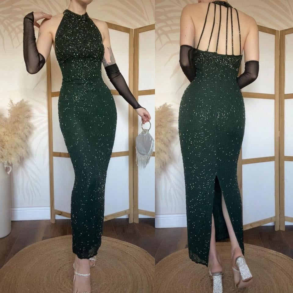 Forest green 100% silk high neck beaded dress uk 10