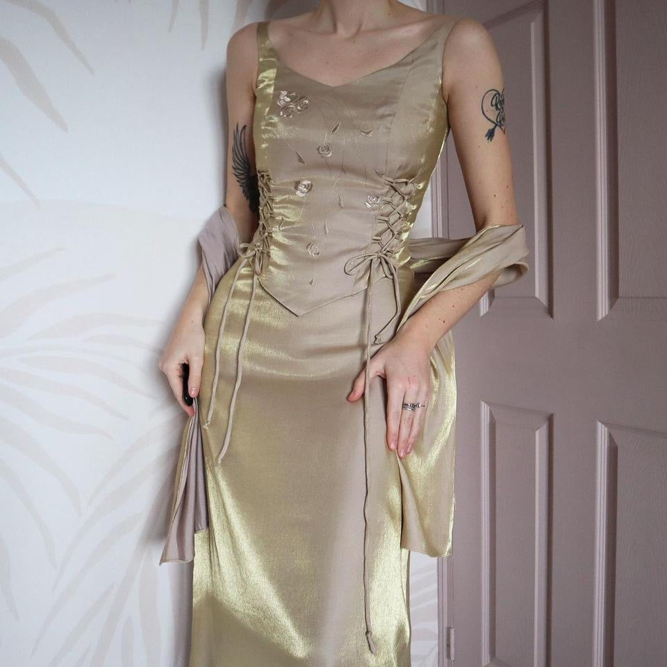 Shimmery gold 3-piece top, skirt & shawl set UK 8-10