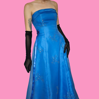 Blue strapless a-like organza evening dress UK 10