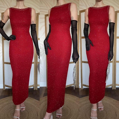 Serenade 100% silk red beaded vintage evening dress uk 10